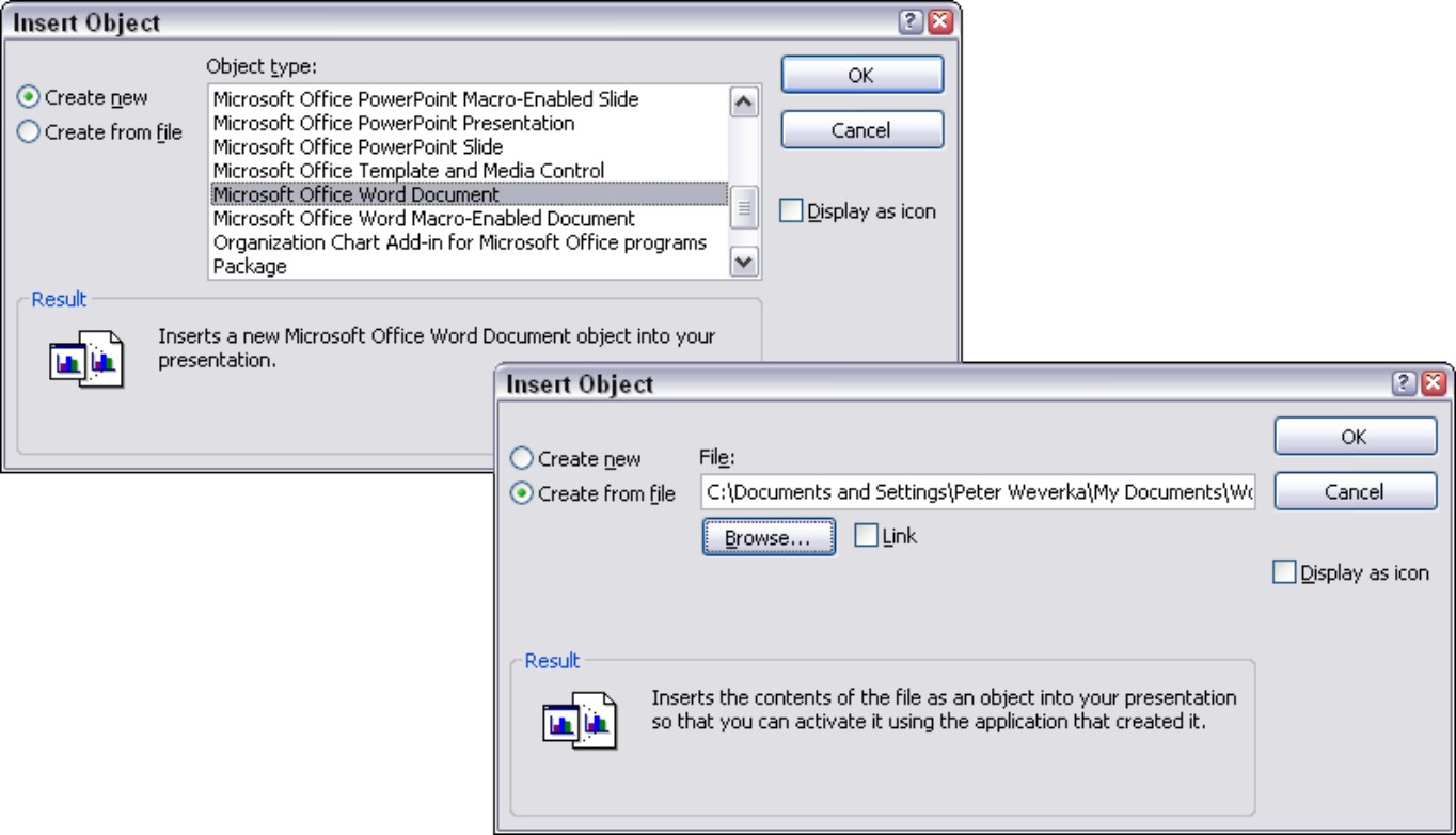 Figure 4-2: Create an embedded object in PowerPoint (left) or from an existing file (right).